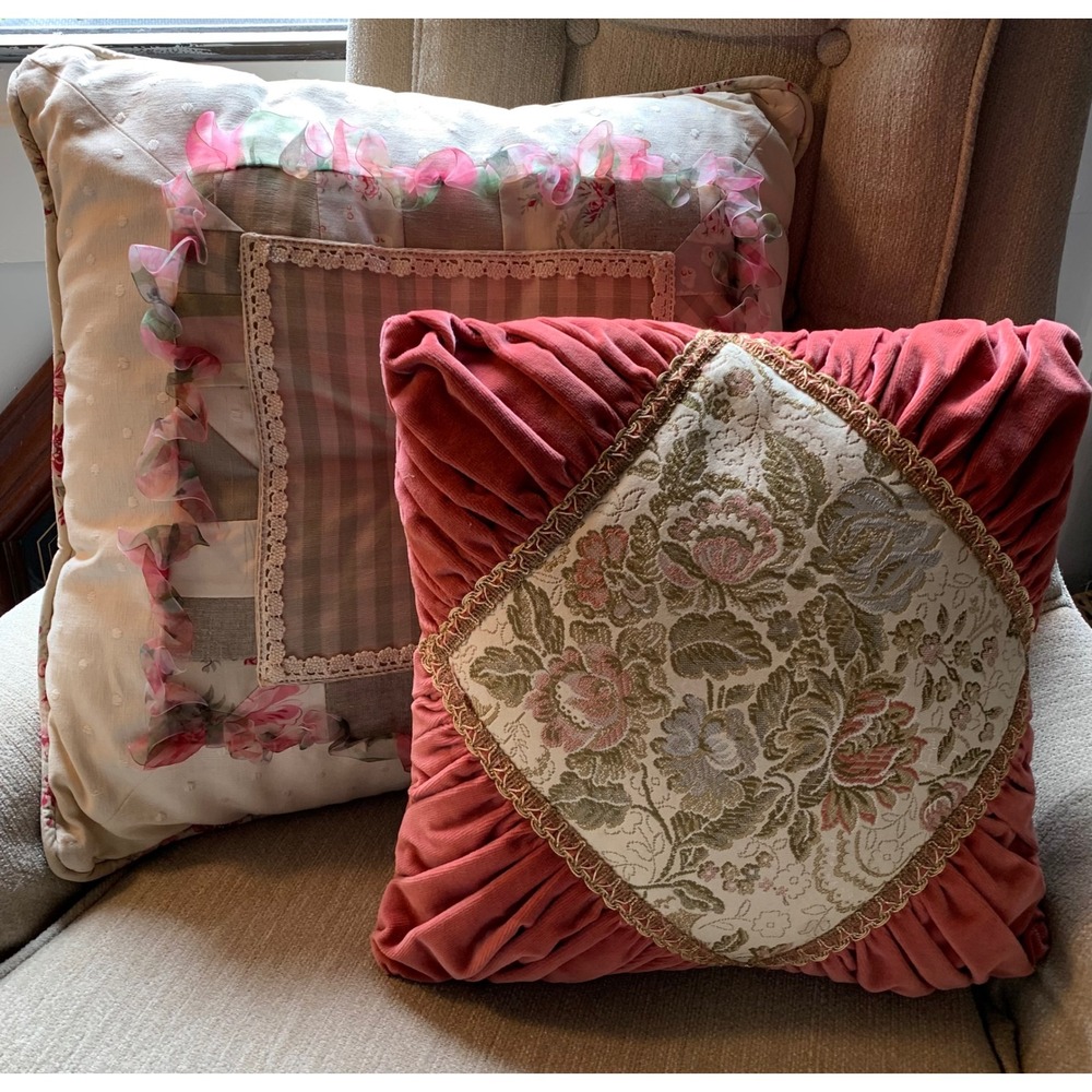 French Shabby Chic Floral Throw Pair Pillows Velvet Tapestry Cottage Coquette